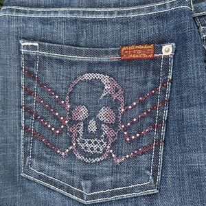 7 For All Mankind Crystal Skull Pocket PinkBlue Boot Cut Jeans Y2K 28